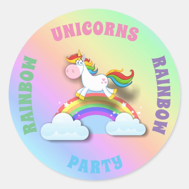 Unicorns and Rainbow Round Glossy Stickers (Front)