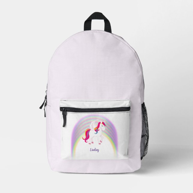 Unicorns and Rainbows Personalised with Name Printed Backpack (Front)