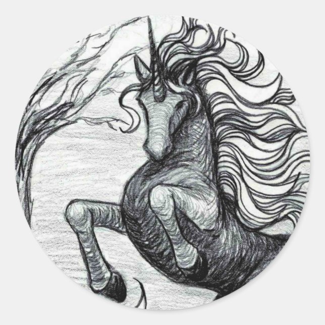 Unicorns Black Unicorn Black & White Drawing Classic Round Sticker (Front)