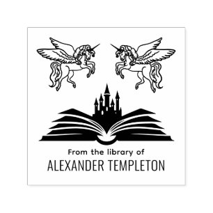 Unicorns Book Castle “From the Library of” Name SQ Self-inking Stamp