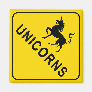 Unicorns Crossing Warning Sign Square Magnet