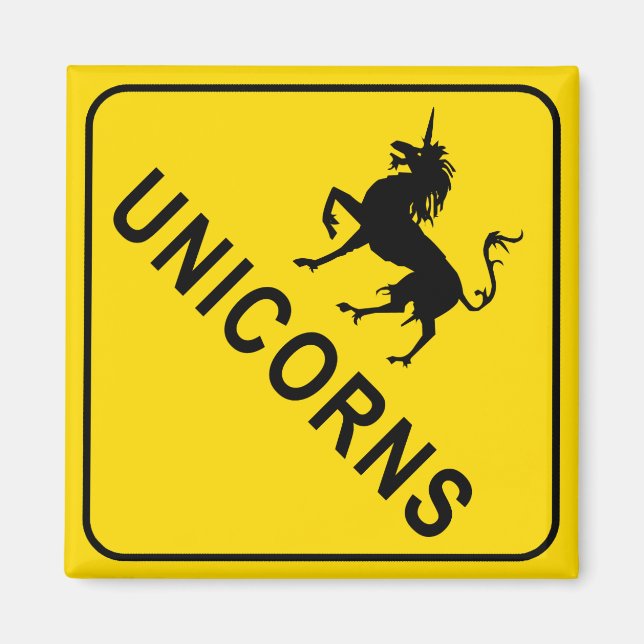 Unicorns Crossing Warning Sign Square Magnet (Front)