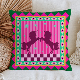 Unicorns& Evil Eyes Green& Pink Fantasy Folk Art Cushion