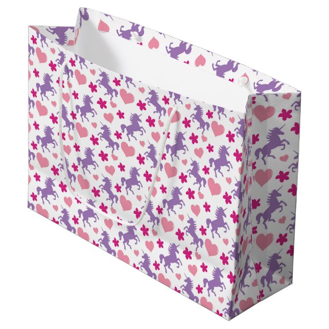 Unicorns & Hearts Pattern Large Gift Bag (Front Angled)