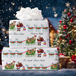 Unicorns Hitched To Santa's Sleigh Add Name Wrapping Paper