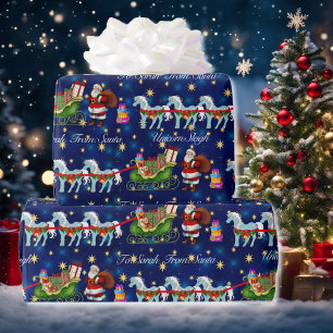 Unicorns Hitched To Santa's Sleigh Add Name Wrapping Paper