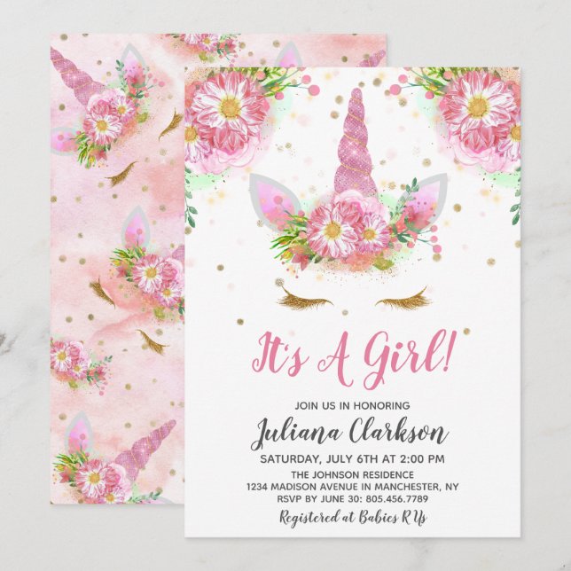 Unicorns in Bloom Baby Shower Invitation (Front/Back)