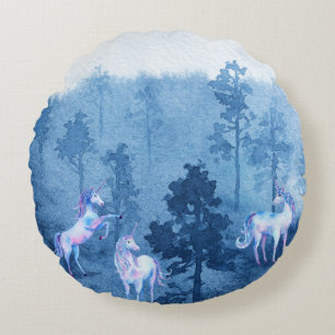 Unicorns in the mist round cushion