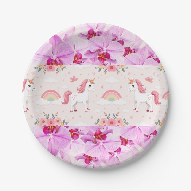 Unicorns & Orchids, Rainbows, Flowers, Party Paper Plate (Front)