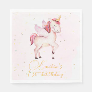 Unicorns Pegasus Watercolor Pink Birthday Girls Napkin