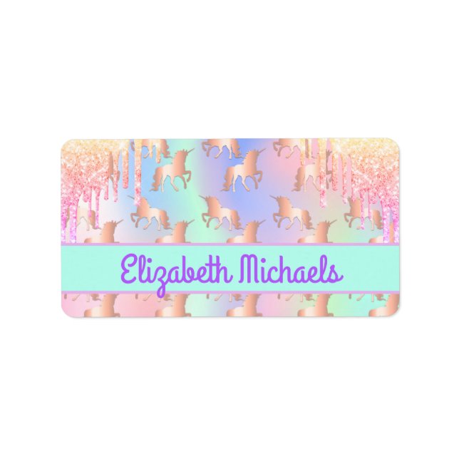 Unicorns pink drips name bookplate label (Front)