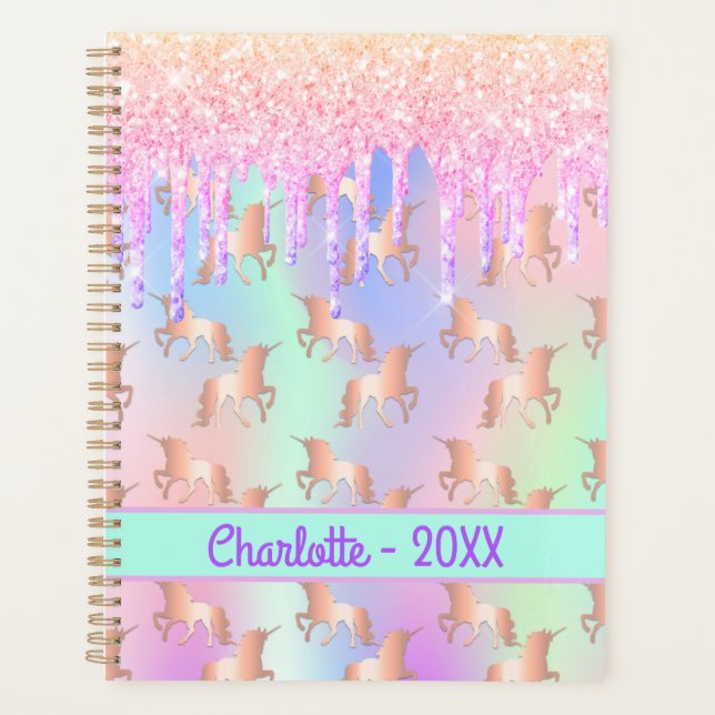 Unicorns pink drips name holographic planner (Front)