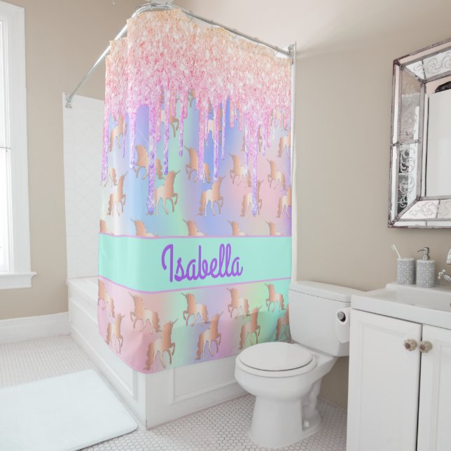 Unicorns pink gold mint green name shower curtain (In Situ)