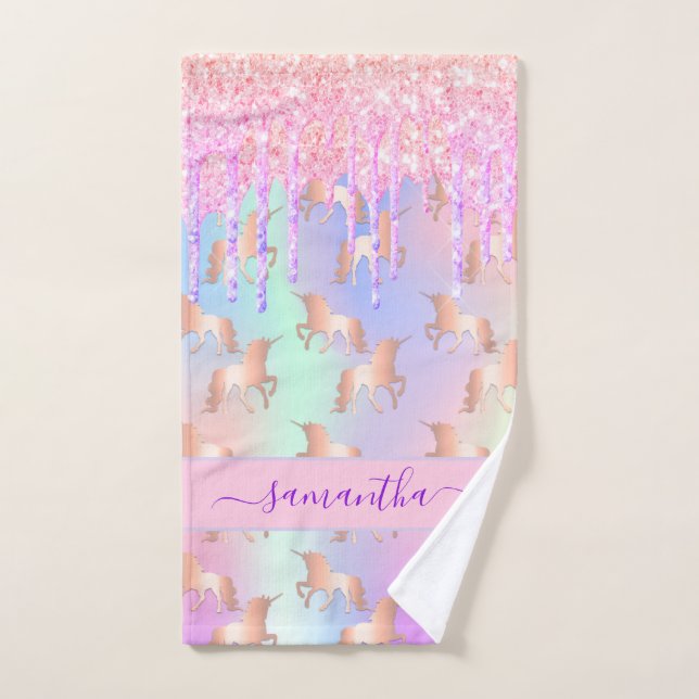 Unicorns pink purple drips name girl bath towel set (Hand Towel)