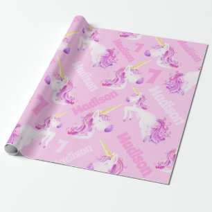 Unicorns pink purple personalised name and age 7 wrapping paper