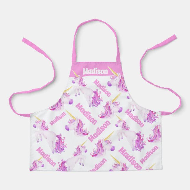 Unicorns pink purple personalised name apron (Front)