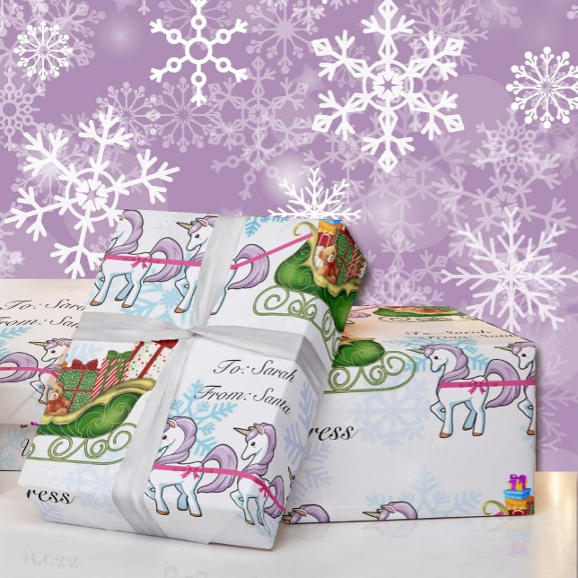 Unicorns Pulling Santa's Sleigh Add Child's Name Wrapping Paper (Creator Uploaded)