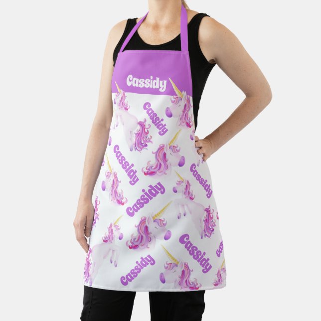 Unicorns purple pink personalised name apron (Insitu)