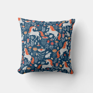 Unicorns,rabbits,birds,flowers on a blue backgroun cushion