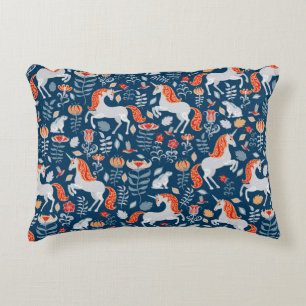 Unicorns,rabbits,birds,flowers on a blue backgroun decorative cushion