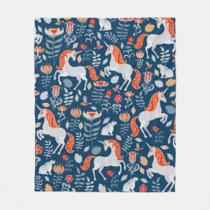 Unicorns,rabbits,birds,flowers on a blue backgroun fleece blanket
