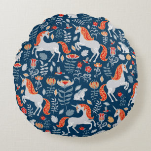 Unicorns,rabbits,birds,flowers on a blue backgroun round cushion