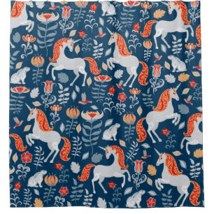 Unicorns,rabbits,birds,flowers on a blue backgroun shower curtain