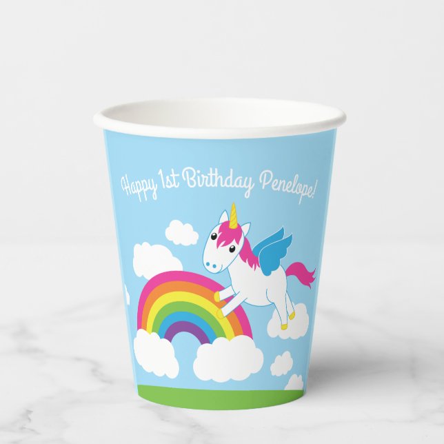 Unicorns & Rainbows Cute 1st Birthday Party Kids Paper Cups (Front)