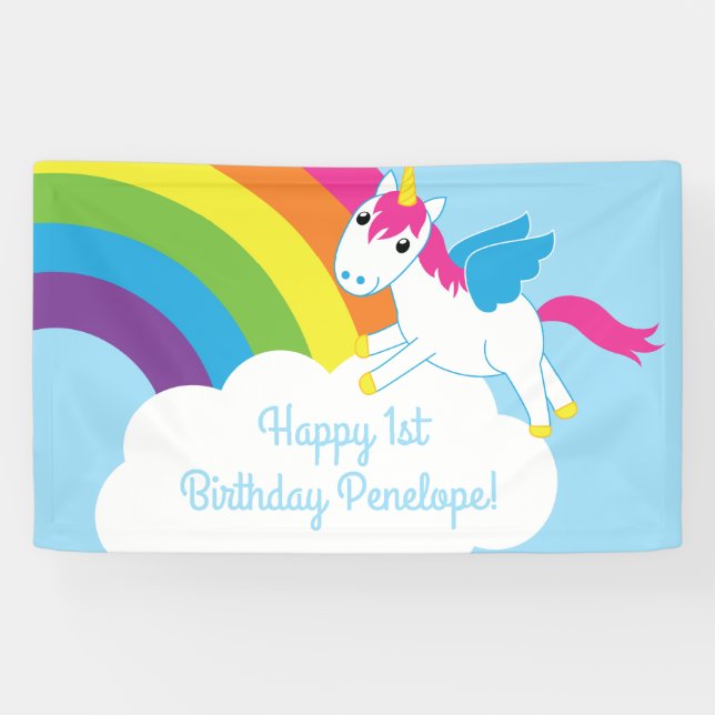 Unicorns & Rainbows Cute 1st Birthday Party Theme Banner (Horizontal)