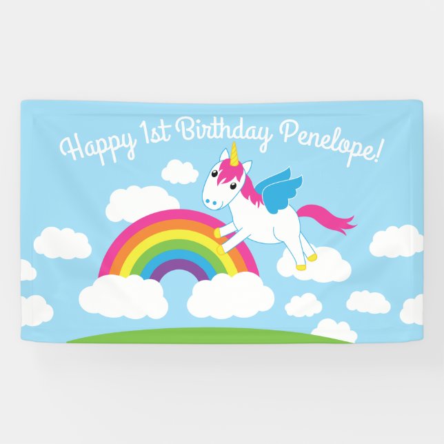 Unicorns & Rainbows Cute 1st Birthday Party Theme Banner (Horizontal)