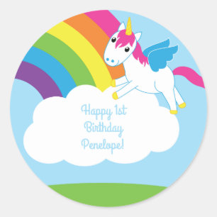 Unicorns & Rainbows Cute 1st Birthday Party Theme Classic Round Sticker