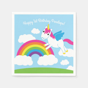 Unicorns & Rainbows Cute 1st Birthday Party Theme Napkin