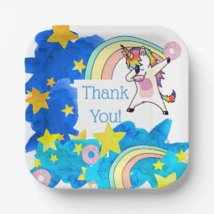 Unicorns Rainbows Doughnuts in Blue Starry Sky Cus Paper Plate