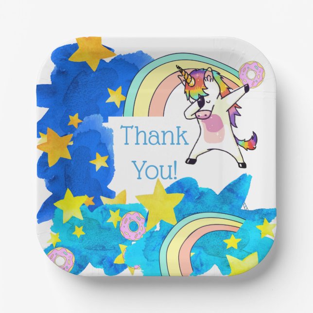 Unicorns Rainbows Doughnuts in Blue Starry Sky Cus Paper Plate (Front)