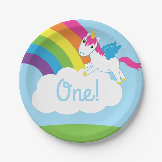 Unicorns & Rainbows Kid's Birthday Party Cute Paper Plate (Front)