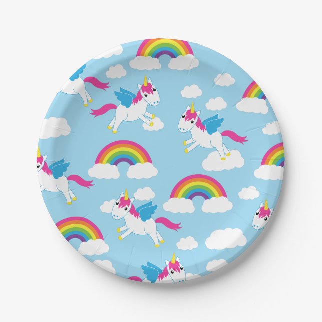 Unicorns & Rainbows Kid's Birthday Party Cute Paper Plate (Front)