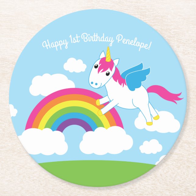 Unicorns & Rainbows Kid's Birthday Party Cute Round Paper Coaster (Front)