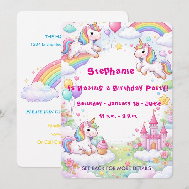 Unicorns & Rainbows Pastel Childs Birthday Invitation (Front/Back)