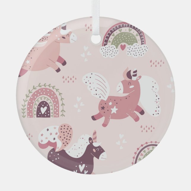 Unicorns Rainbows: Pastel Magic Background. Glass Tree Decoration (Front)