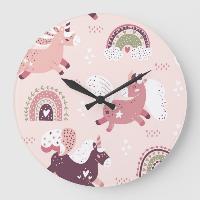 Unicorns Rainbows: Pastel Magic Background. Large Clock (Front)