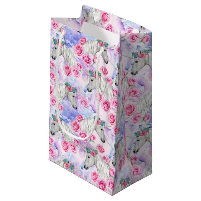 Unicorns & Roses Pattern Small Gift Bag (Front Angled)