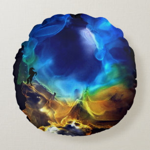 Unicorns Space Nebula blue yellow Alcohol ink art  Round Cushion