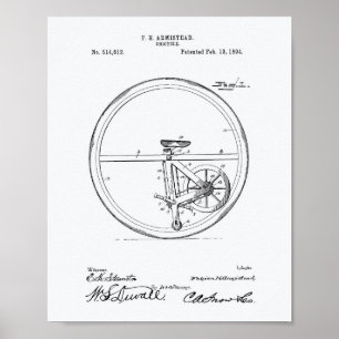 Unicycle 1894 Patent Art White Paper Poster
