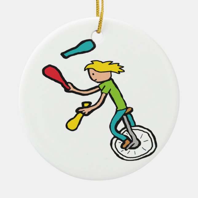 Unicycling Juggler Ceramic Tree Decoration (Front)