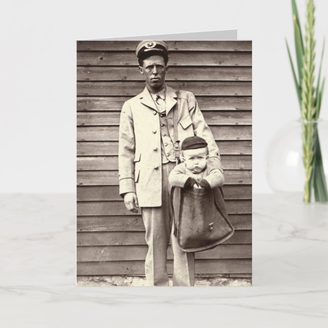 Uniformed Postman with Baby in Mailbag Card (Front)