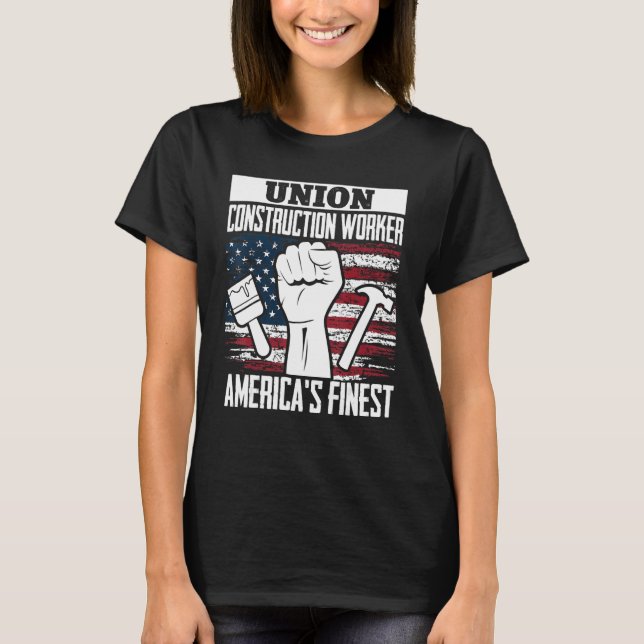 Union Construction Worker American USA Flag 4th of T-Shirt (Front)