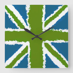 Union Jack Art Green Teal Tones Wall Art Square Wall Clock