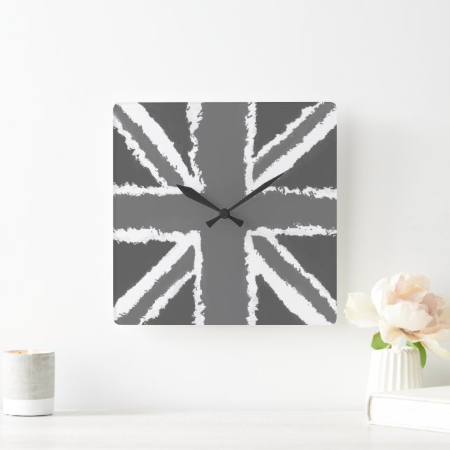 Union Jack Art Grey Tones Wall Mounted  Square Wall Clock (Home)