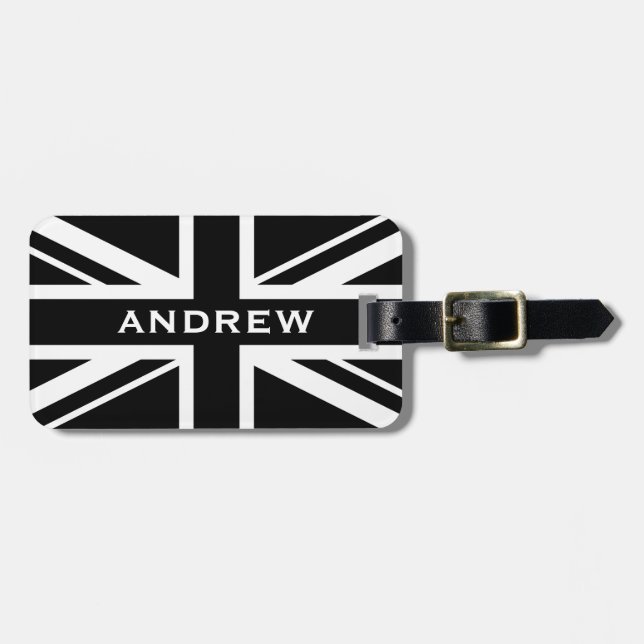 Union Jack ~ Black and White Luggage Tag (Front Horizontal)