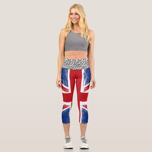 Union Jack British Patriotic Red White Blue Capri Leggings (Front)